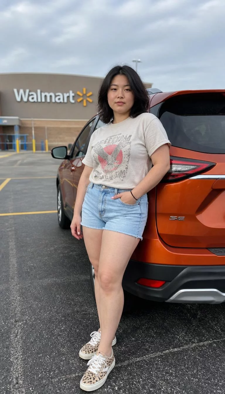 Beige Graphic Tee and Light Wash Denim Shorts A photorealistic full body shot of a 28-year-old East Asian woman with a heart-shaped face, dark brown, aquiline nose, feathered eyebrows, and full lips. Her face features gap between front teeth, light freckles, and subtle natural facial asymmetry. She has monolid brown eyes, rounded cheeks, neutral expression, confident. She is curvy build with black shoulder-length black hair in a voluminous bob hair and is wearing a beige graphic tee, light-wash denim shorts, and leopard sneakers, a Walmart parking lot next to an orange SUV, no people in the background, high-quality mobile photography, shot on an iPhone 14.