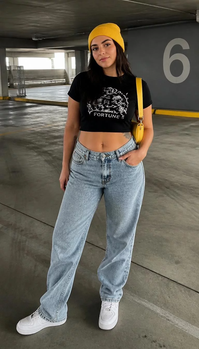 Black Cropped Graphic Tee and Slouchy Jeans A photorealistic full body shot of a 24-year-old Eastern European woman with a round face, deep brown, narrow nose, softly curved eyebrows, and thin lips. Her face features dimples, faint under-eye shadows, and subtle natural facial asymmetry. She has upturned hazel eyes, pronounced cheekbones, neutral expression, confident. She is curvy build with dark hair under a yellow beanie hair and is wearing a black cropped graphic tee, light-wash slouchy jeans, and a yellow handbag, a parking garage, no people in the background, high-quality mobile photography, shot on an iPhone 14.