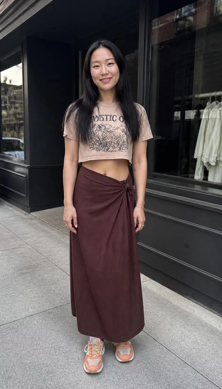 Beige Graphic Cropped T-Shirt and Brown Wrap Maxi Skirt A photorealistic full body shot of a 34-year-old East Asian woman with a pear-shaped face, dark brown, aquiline nose, feathered eyebrows, and full lips. Her face features small scar on the eyebrow, a few laugh lines, and subtle natural facial asymmetry. She has monolid gray eyes, high cheekbones, broad smile, confident. She is petite with black long sleek black hair hair and is wearing a beige graphic cropped t-shirt, a brown wrap maxi skirt, and orange-toned sneakers, a city sidewalk near a storefront, no people in the background, high-quality mobile photography, shot on an iPhone 14.