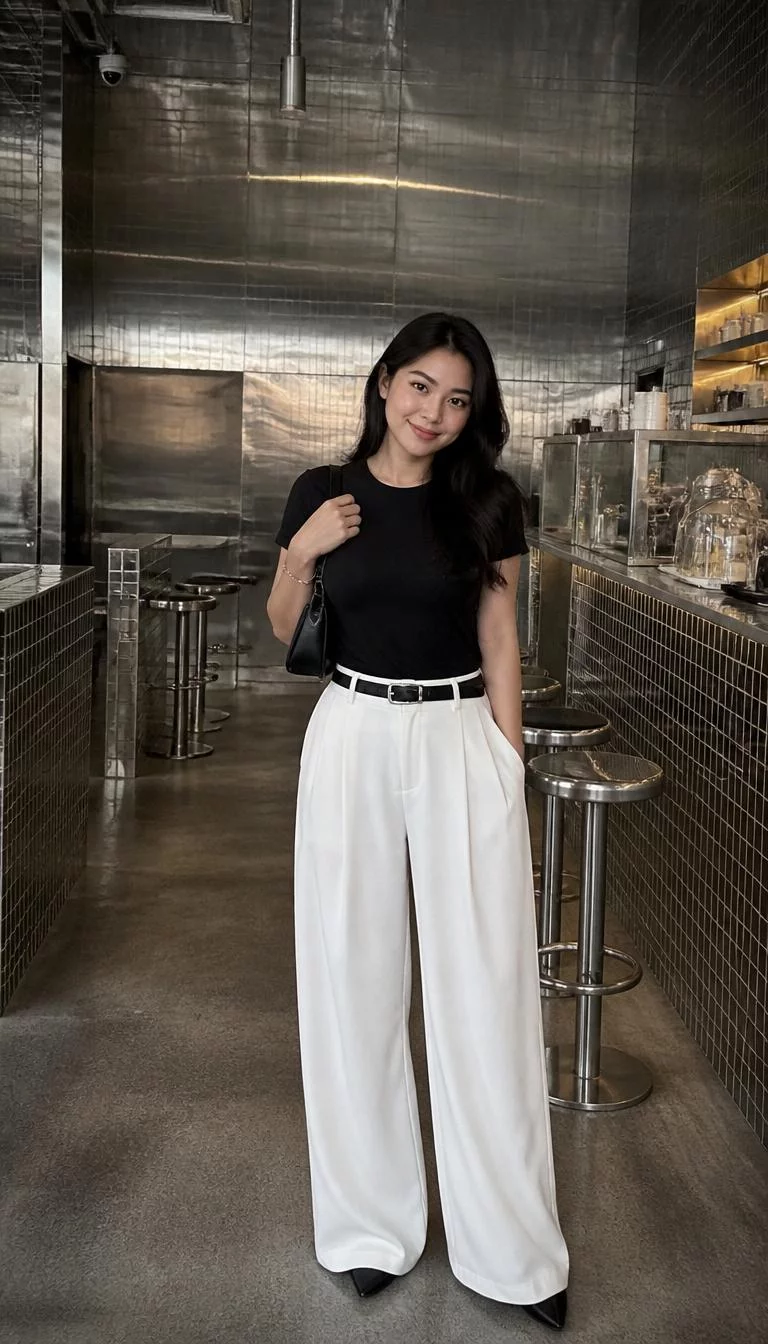 Black Tight Top and White Wide Leg Trousers A photorealistic full body shot of a 33-year-old Southeast Asian woman with a oval face, fair, upturned nose, thin arched eyebrows, and full lips. Her face features faint freckles across the nose, slightly flushed cheeks, and subtle natural facial asymmetry. She has round hazel eyes, pronounced cheekbones, closed-mouth smile, playful. She is petite with black long voluminous black hair hair and is wearing a black tight top, loose white wide-leg trousers, a black belt, and a black handbag, a metallic-tiled cafe, no people in the background, high-quality mobile photography, shot on an iPhone 14.
