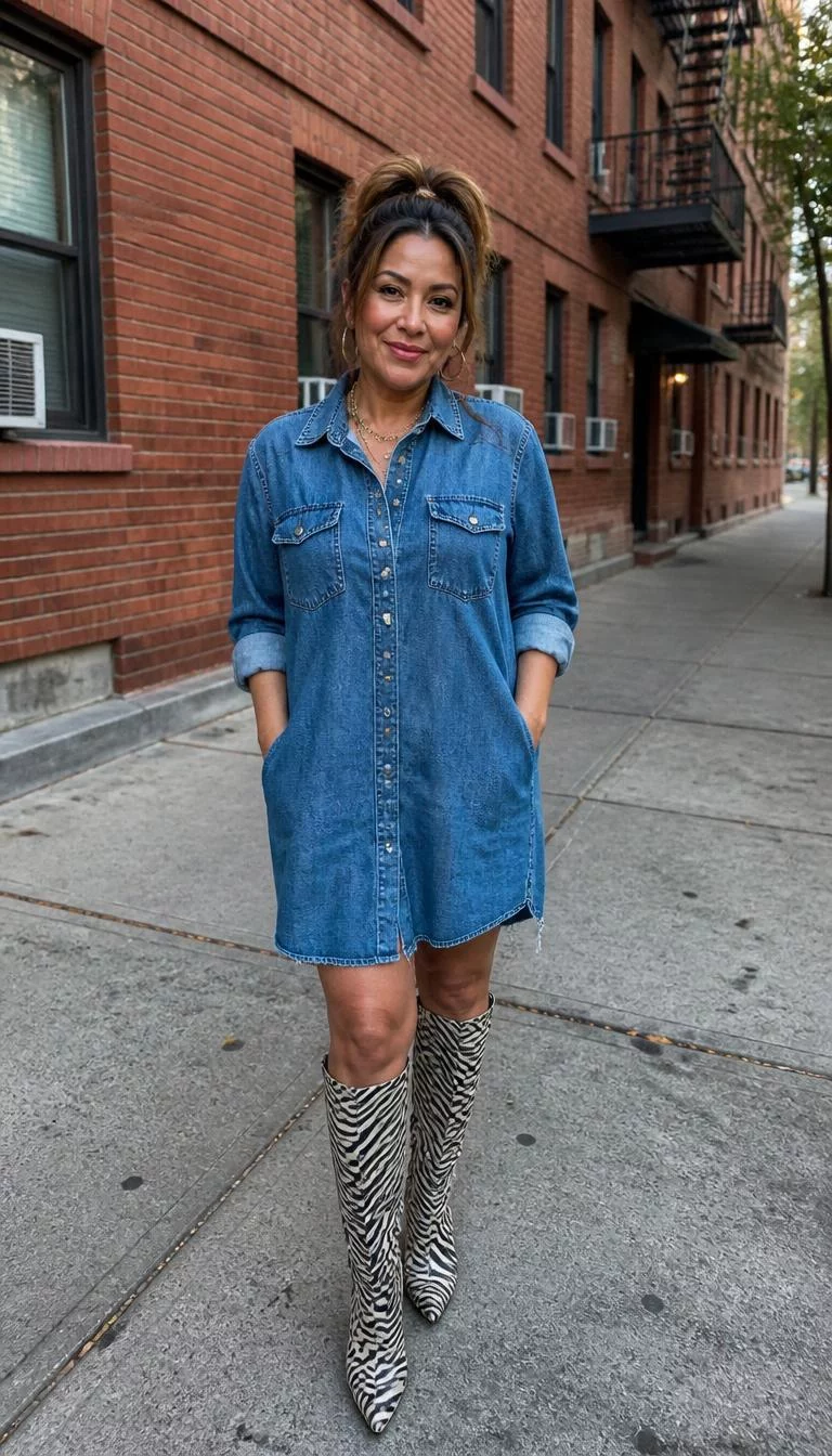 Oversized Denim Button Down Shirt as a Dress A photorealistic full body shot of a 47-year-old Latina woman with a diamond face, olive, rounded nose, thin arched eyebrows, and full lips. Her face features uneven eyebrows, slightly flushed cheeks, and subtle natural facial asymmetry. She has downturned amber eyes, rounded cheeks, closed-mouth smile, cheerful. She is petite with brown brown updo hair and is wearing a oversized denim button-down shirt as a dress with knee-high zebra-print boots, a sidewalk in front of a brick apartment building, no people in the background, high-quality mobile photography, shot on an iPhone 14.