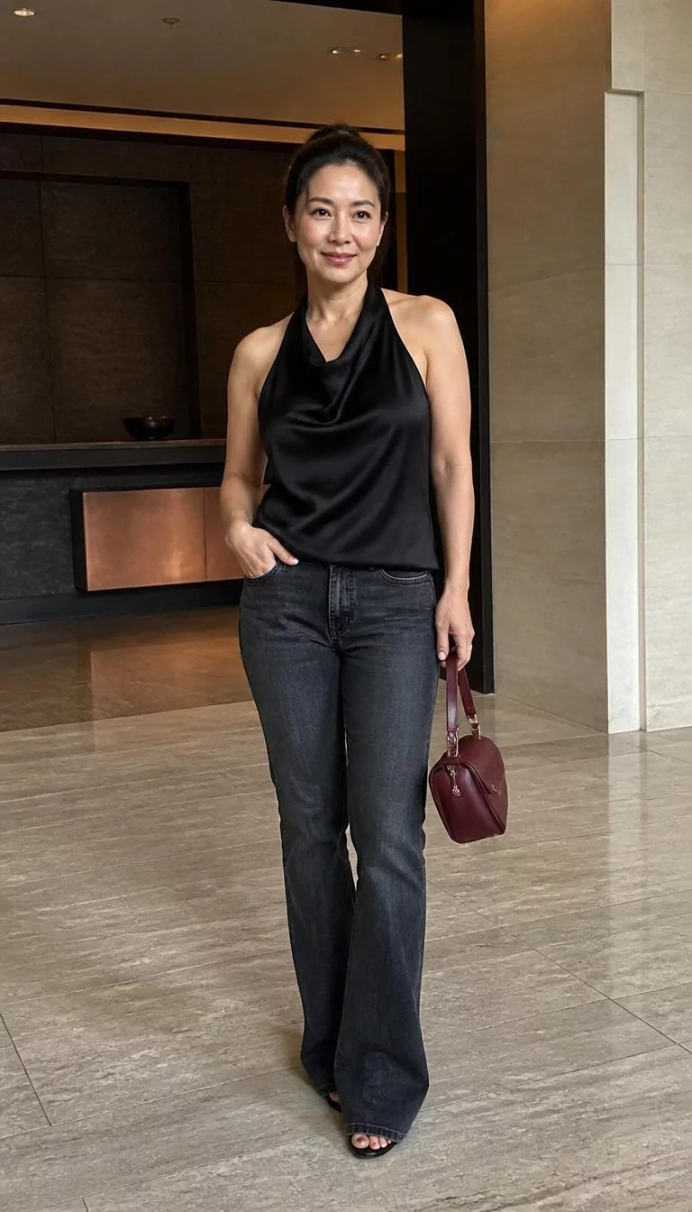 Black Satin Halter Top and Faded Bootcut Jeans A photorealistic full body shot of a 48-year-old East Asian woman with a pear-shaped face, tan, rounded nose, softly curved eyebrows, and thin lips. Her face features dimples, faint under-eye shadows, and subtle natural facial asymmetry. She has round hazel eyes, soft cheekbones, subtle smile, cheerful. She is petite with brunette sleek dark brunette updo hair and is wearing a black satin halter top, dark gray faded denim bootcut jeans, and a matching small dark red handbag, indoors, no people in the background, high-quality mobile photography, shot on an iPhone 14.