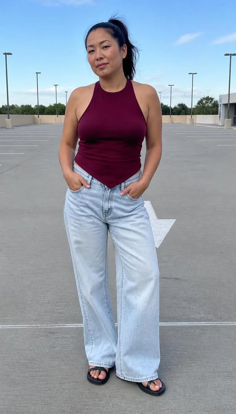 Reddish Maroon Halter Neck Top and Wide Leg Denim A photorealistic full body shot of a 38-year-old East Asian woman with a round face, olive, straight nose, softly curved eyebrows, and wide lips. Her face features beauty mark near the lip, a few laugh lines, and subtle natural facial asymmetry. She has monolid brown eyes, soft cheekbones, neutral expression, playful. She is average build with black dark high ponytail hair and is wearing a reddish-maroon halter-neck top, light-wash wide-leg denim jeans, and dark sandals, a city parking lot, no people in the background, high-quality mobile photography, shot on an iPhone 14.