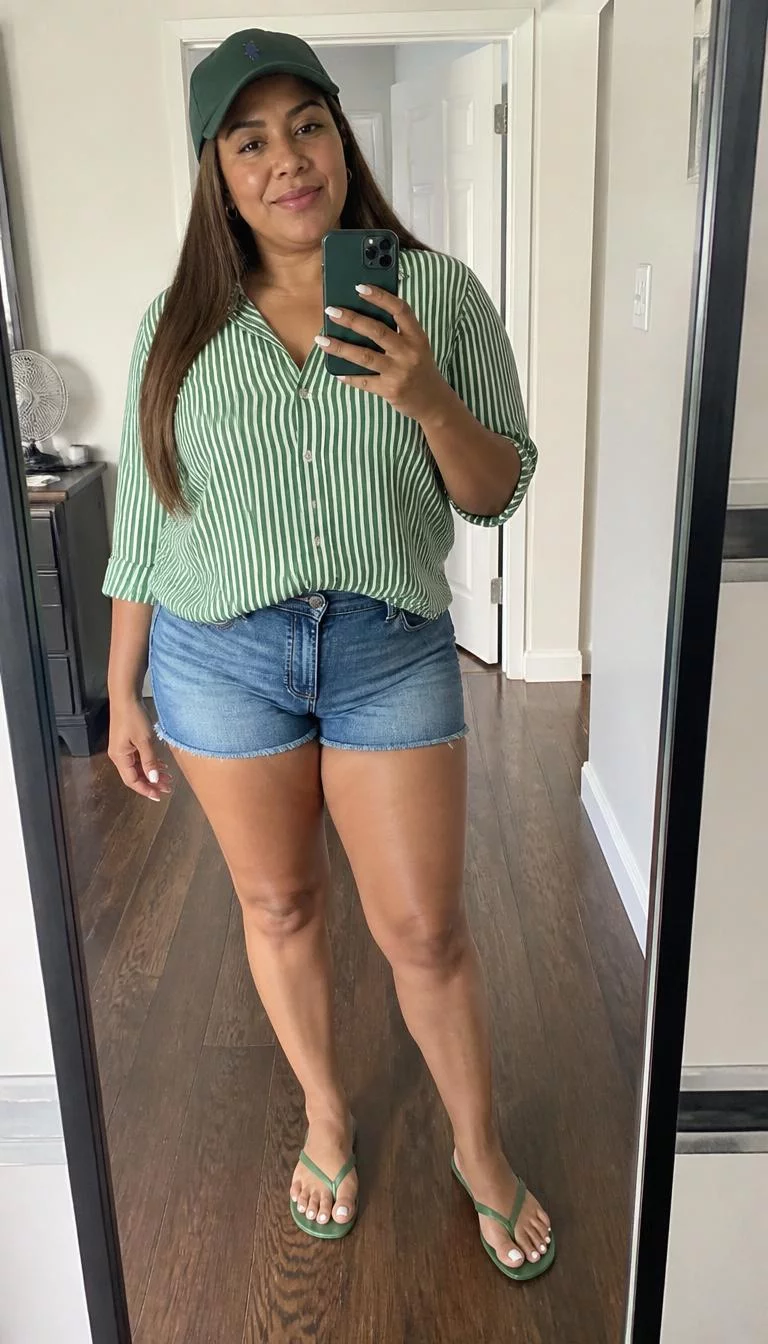 Green Striped Button Down and Denim Shorts A photorealistic full body shot of a 45-year-old Latina woman with a oblong face, deep brown, narrow nose, thin arched eyebrows, and full lips. Her face features gap between front teeth, visible pores, and subtle natural facial asymmetry. She has downturned amber eyes, high cheekbones, closed-mouth smile, confident. She is curvy build with brown long brown hair hair and is wearing a green baseball cap, a green striped button-down shirt, denim shorts, and green sandals, taking a mirror selfie in a domestic room, no people in the background, high-quality mobile photography, shot on an iPhone 14.