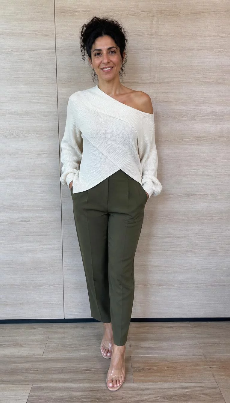 Asymmetrical Knitted Top and Olive Green Trousers A photorealistic full body shot of a 40-year-old Middle Eastern woman with a heart-shaped face, light, straight nose, thick natural eyebrows, and thin lips. Her face features gap between front teeth, a few laugh lines, and subtle natural facial asymmetry. She has hooded gray eyes, pronounced cheekbones, closed-mouth smile, cheerful. She is average build with dark dark curly hair in an updo hair and is wearing a off-white asymmetrical knitted top, olive green trousers, and clear heels, a light wood-paneled wall, no people in the background, high-quality mobile photography, shot on an iPhone 14.