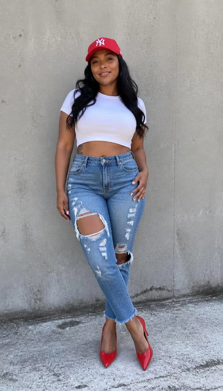 Red Baseball Cap and Distressed Blue Jeans A photorealistic full body shot of a 38-year-old Black African woman with a oval face, light, broad nose, softly curved eyebrows, and thin lips. Her face features beauty mark near the lip, a few laugh lines, and subtle natural facial asymmetry. She has downturned gray eyes, rounded cheeks, broad smile, confident. She is average build with black long black wavy hair hair and is wearing a red New York Yankees baseball cap, a cropped white t-shirt, distressed blue jeans, and red heels, a concrete wall, no people in the background, high-quality mobile photography, shot on an iPhone 14.