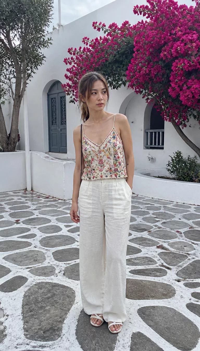 Beaded Floral Camisole and Loose White Linen Trousers A photorealistic full body shot of a 32-year-old East Asian woman with a heart-shaped face, light, aquiline nose, feathered eyebrows, and heart-shaped lips. Her face features small scar on the eyebrow, light freckles, and subtle natural facial asymmetry. She has almond-shaped blue eyes, rounded cheeks, neutral expression, thoughtful. She is slim with brown hair and is wearing a beaded floral-patterned camisole top and loose white linen trousers, white building with pink bougainvillea, no people in the background, high-quality mobile photography, shot on an iPhone 14.