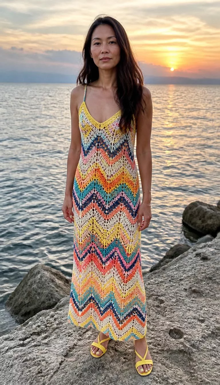 Chevron Pattern Crochet Maxi Dress and Yellow Sandals A photorealistic full body shot of a 42-year-old South Asian woman with a oblong face, dark brown, narrow nose, thin arched eyebrows, and full lips. Her face features beauty mark near the lip, light freckles, and subtle natural facial asymmetry. She has monolid blue eyes, soft cheekbones, neutral expression, relaxed. She is slim with dark brown long hair and is wearing a colorful chevron-pattern crochet maxi dress with bright yellow sandals, sunset ocean backdrop, no people in the background, high-quality mobile photography, shot on an iPhone 14.