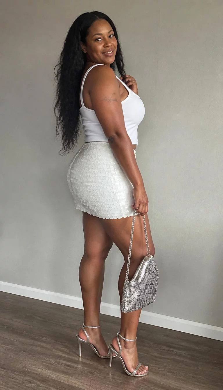 White Tank Top and White Sequin Mini Skirt A photorealistic full body shot of a 40-year-old Afro-Caribbean woman with a round face, deep brown, broad nose, thick natural eyebrows, and heart-shaped lips. Her face features beauty mark near the lip, slightly flushed cheeks, and subtle natural facial asymmetry. She has almond-shaped amber eyes, high cheekbones, broad smile, playful. She is athletic build with white tank top and sequin skirt hair and is wearing a white tank top, a white sequin mini skirt, a sequined handbag, and metallic heels, simple backdrop, no people in the background, high-quality mobile photography, shot on an iPhone 14.