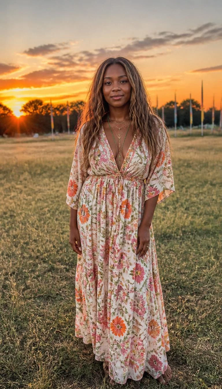Bohemian Floral Maxi Dress and Layered Necklaces A photorealistic full body shot of a 33-year-old Black African woman with a oval face, golden brown, rounded nose, feathered eyebrows, and full lips. Her face features dimples, visible pores, and subtle natural facial asymmetry. She has round gray eyes, soft cheekbones, closed-mouth smile, thoughtful. She is average build with long highlighted wavy hair and is wearing a bohemian-style floral maxi dress with layered necklaces, festival-like field at sunset, no people in the background, high-quality mobile photography, shot on an iPhone 14.