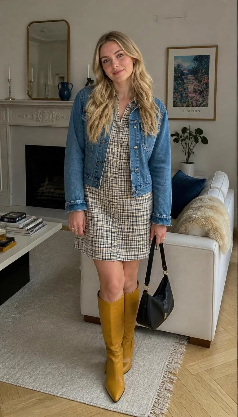 Checkered Dress and Yellow Leather Boots A photorealistic full body shot of a 25-year-old Northern European woman with a oval face, fair, aquiline nose, straight eyebrows, and thin lips. Her face features uneven eyebrows, light freckles, and subtle natural facial asymmetry. She has deep-set blue eyes, rounded cheeks, broad smile, thoughtful. She is average build with blonde hair and is wearing a denim jacket over a checkered dress with knee-high yellow leather boots, holding a black handbag, living room background, no people in the background, high-quality mobile photography, shot on an iPhone 14.