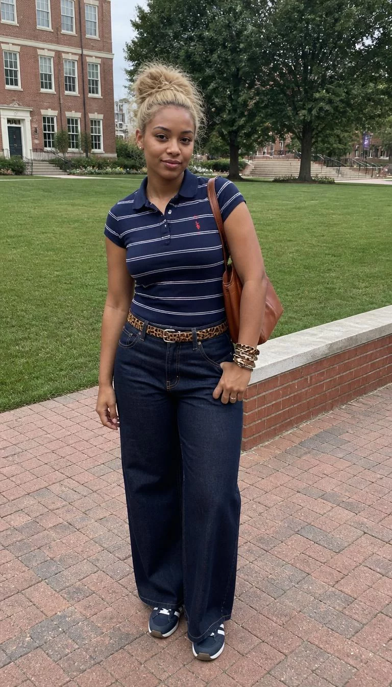 Navy Striped Polo and Leopard Belt A photorealistic full body shot of a 24-year-old Afro-Caribbean woman with a round face, dark brown, broad nose, thin arched eyebrows, and heart-shaped lips. Her face features faint freckles across the nose, faint under-eye shadows, and subtle natural facial asymmetry. She has hooded amber eyes, pronounced cheekbones, subtle smile, thoughtful. She is slim with blonde messy hair bun hair and is wearing a navy blue striped polo, dark wide-leg jeans, navy Adidas-style sneakers, a brown shoulder bag, animal-print bracelets, and a leopard-print belt, college campus quad, no people in the background, high-quality mobile photography, shot on an iPhone 14.