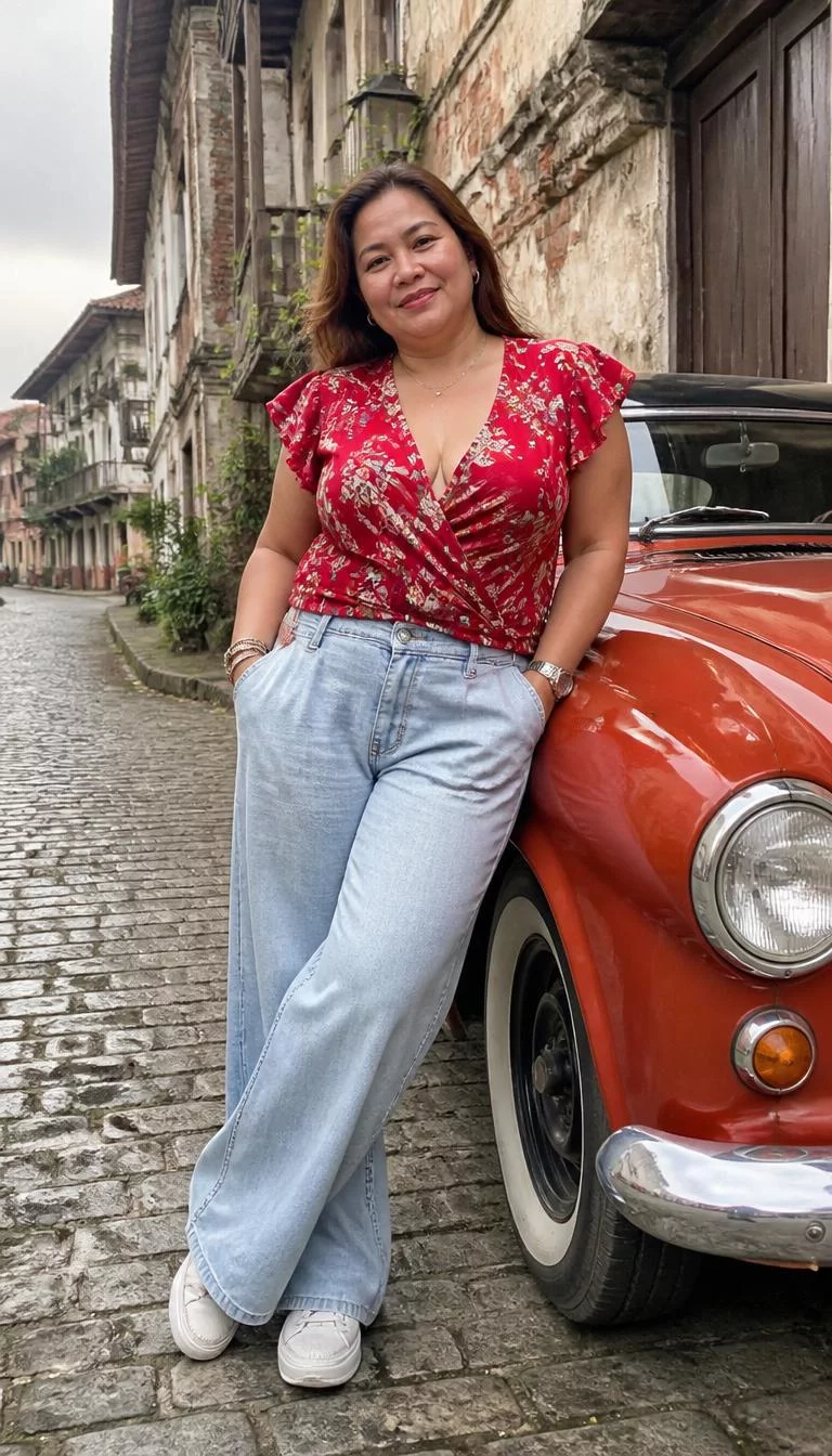 Floral Red Top and Wide Leg Light Jeans A photorealistic full body shot of a 49-year-old Southeast Asian woman with a round face, dark brown, button nose, thin arched eyebrows, and thin lips. Her face features beauty mark near the lip, visible pores, and subtle natural facial asymmetry. She has round hazel eyes, soft cheekbones, broad smile, thoughtful. She is curvy build with light brown hair and is wearing a floral red top and wide-leg light jeans, cobblestone street near a vintage car, no people in the background, high-quality mobile photography, shot on an iPhone 14.
