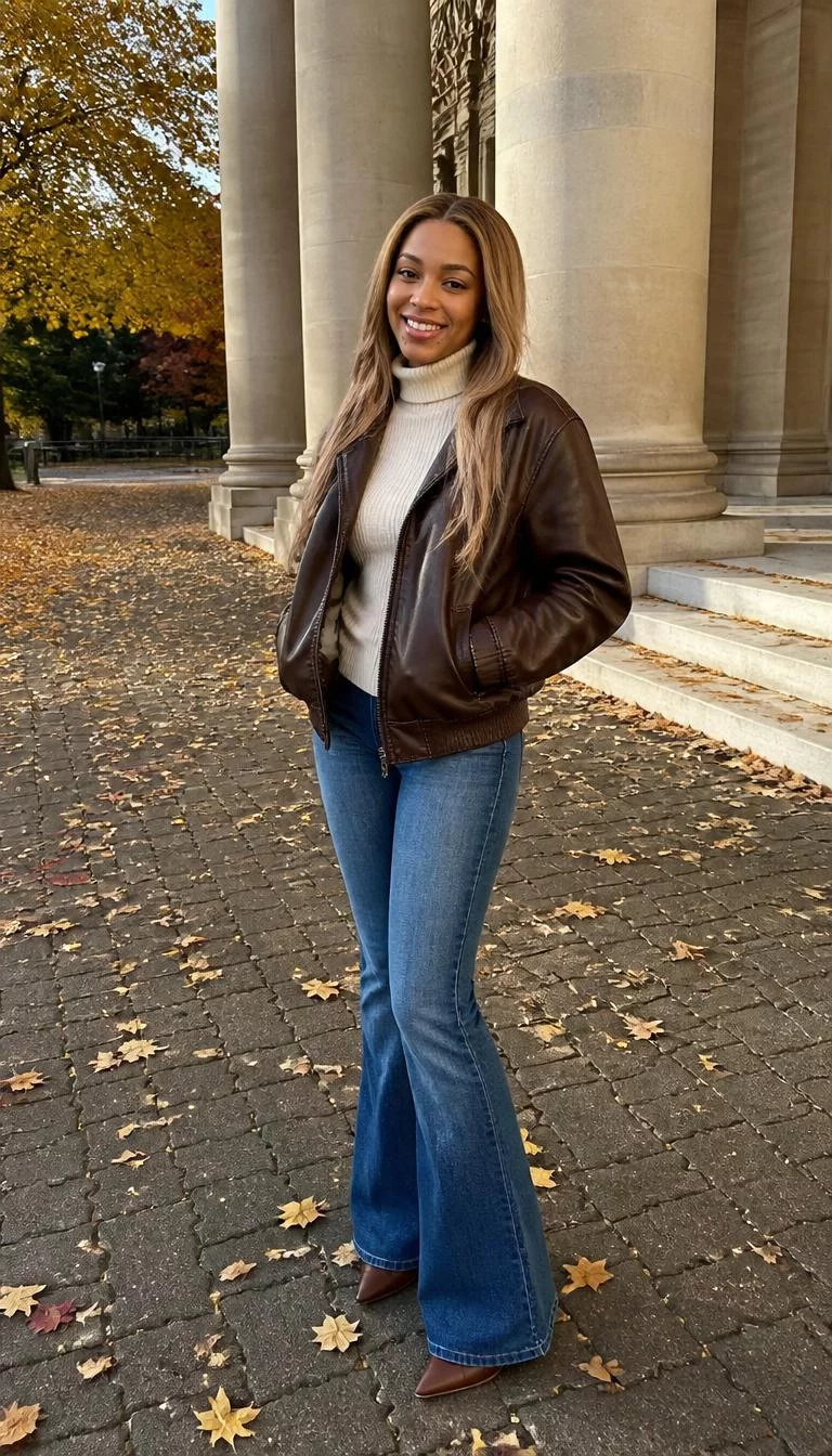 Leather Bomber Jacket and Flared Jeans A photorealistic full body shot of a 27-year-old Afro-Caribbean woman with a oval face, golden brown, narrow nose, straight eyebrows, and full lips. Her face features beauty mark near the lip, subtle acne marks, and subtle natural facial asymmetry. She has upturned green eyes, high cheekbones, broad smile, cheerful. She is average build with blonde hair and is wearing a cream turtleneck, a brown leather bomber jacket, and flared blue jeans, autumnal park with stone columns, no people in the background, high-quality mobile photography, shot on an iPhone 14.