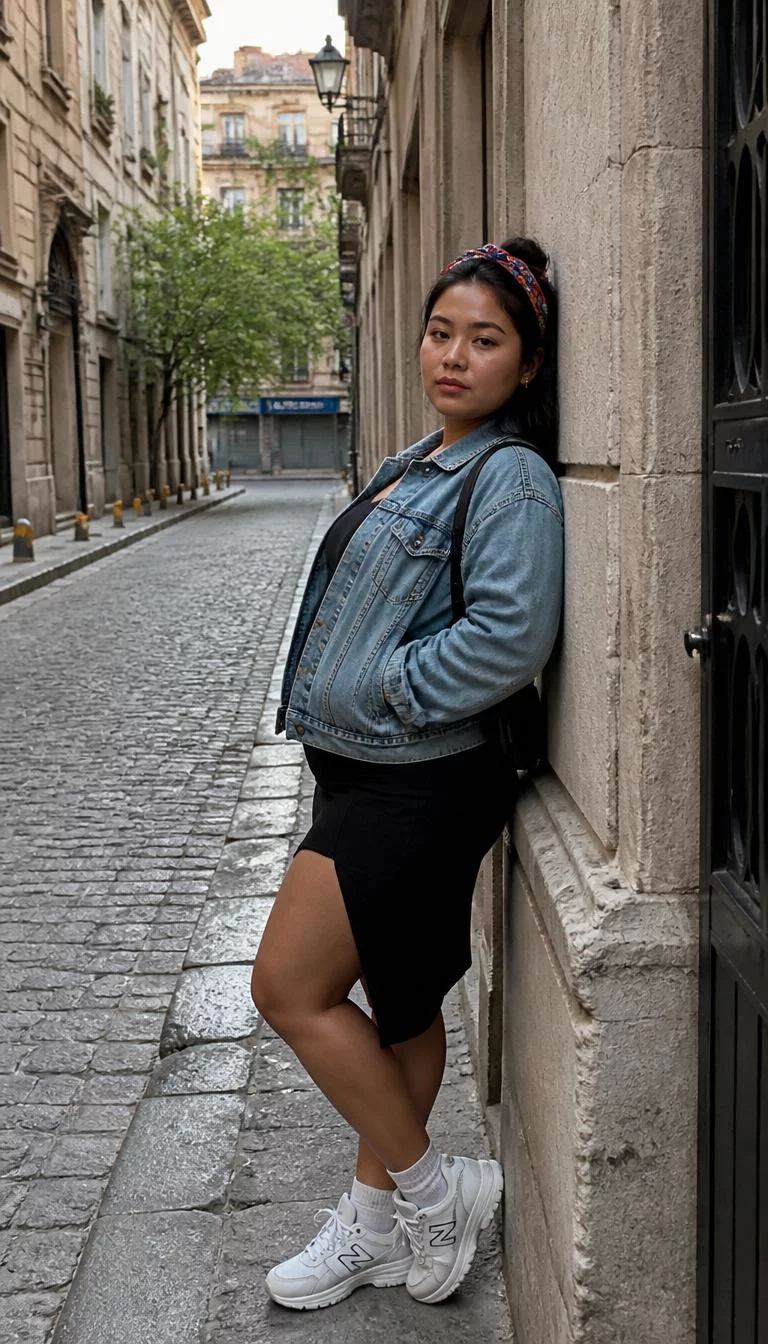 A photorealistic full body shot of a 23-year-old Asian woman with a square face, dark brown, broad nose, straight eyebrows, and thin lips. Her face features slightly crooked smile, visible pores, and subtle natural facial asymmetry. She has round blue eyes, high cheekbones, neutral expression, confident. She is curvy build with dark hair with a colorful scarf tied in it and is wearing a denim jacket and a black skirt, leaning next to a building in Istanbul, no people in the background, high-quality mobile photography, shot on an iPhone 14.