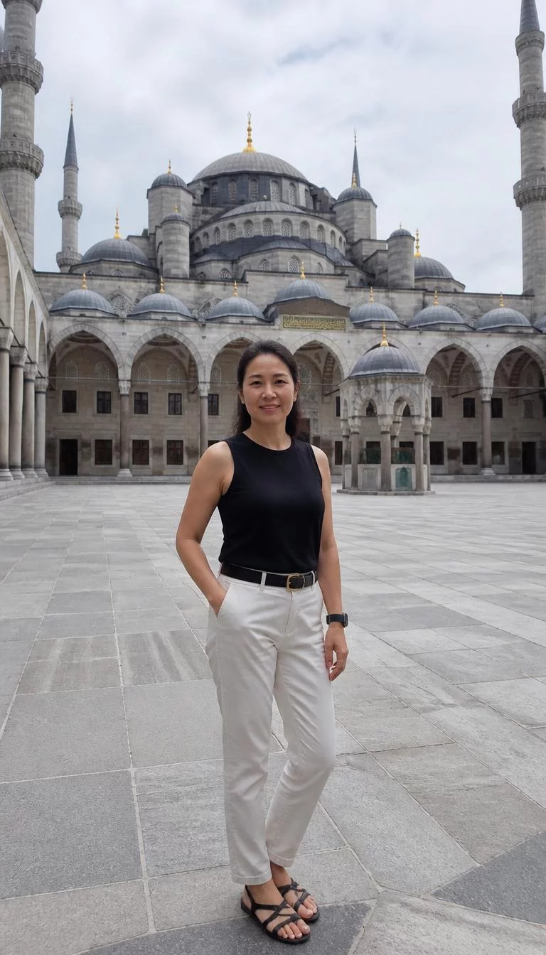 A photorealistic full body shot of a 46-year-old East Asian woman with a oblong face, dark brown, upturned nose, feathered eyebrows, and heart-shaped lips. Her face features faint freckles across the nose, a few laugh lines, and subtle natural facial asymmetry. She has round brown eyes, high cheekbones, neutral expression, cheerful. She is athletic build with dark hair and is wearing a black top and light beige pants, posing in front of the Blue Mosque, no people in the background, high-quality mobile photography, shot on an iPhone 14.