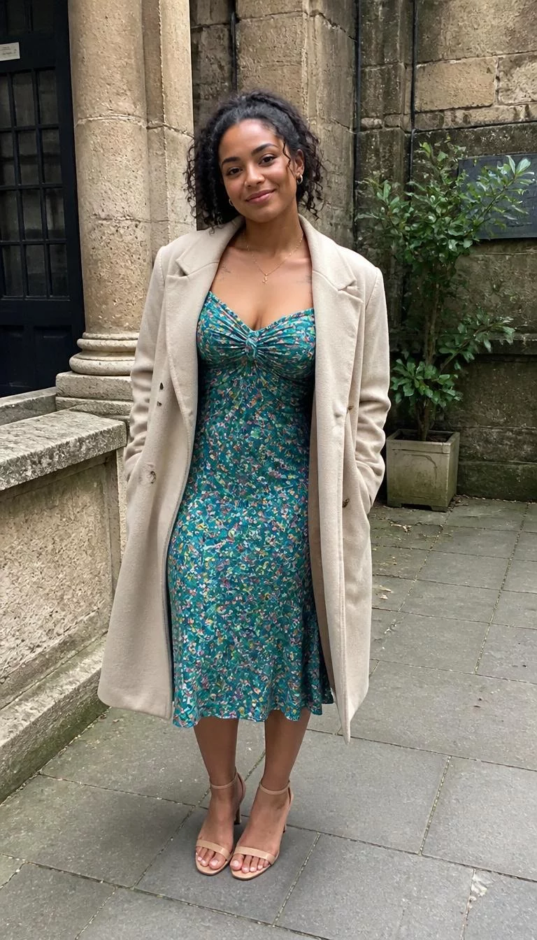 A photorealistic full body shot of a 23-year-old Afro-Caribbean woman with a round face, light, narrow nose, thick natural eyebrows, and thin lips. Her face features small scar on the eyebrow, a few laugh lines, and subtle natural facial asymmetry. She has hooded amber eyes, high cheekbones, closed-mouth smile, playful. She is curvy build with dark hair and is wearing a blue-green floral midi dress and a long beige coat, standing in front of a stone structure in a courtyard setting outdoors, no people in the background, high-quality mobile photography, shot on an iPhone 14.