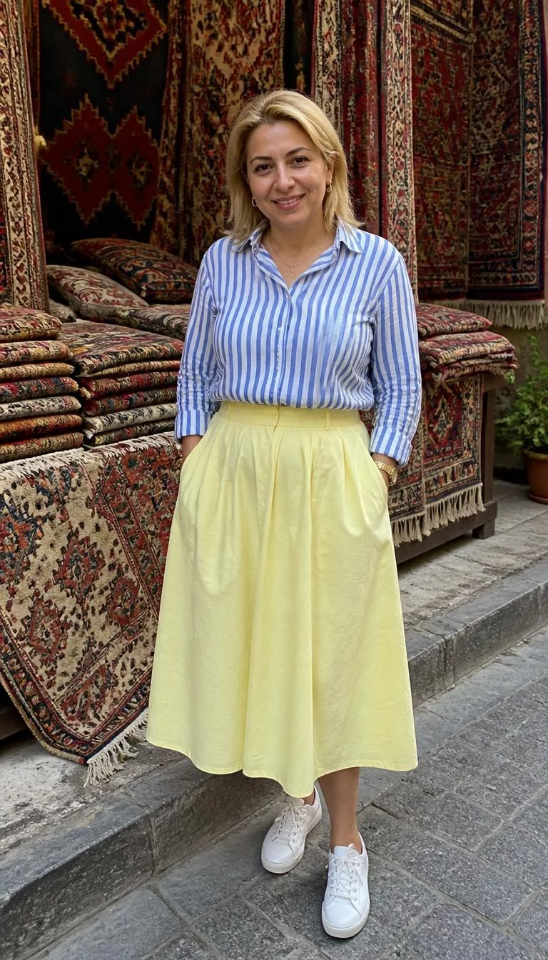 A photorealistic full body shot of a 42-year-old Middle Eastern woman with a oblong face, golden brown, rounded nose, straight eyebrows, and thin lips. Her face features slightly crooked smile, slightly flushed cheeks, and subtle natural facial asymmetry. She has upturned green eyes, rounded cheeks, broad smile, cheerful. She is petite with blonde hair and is wearing a blue and white striped long-sleeved button-down shirt tucked into a pale yellow midi skirt, standing in front of a market stall full of colorful carpets, no people in the background, high-quality mobile photography, shot on an iPhone 14.