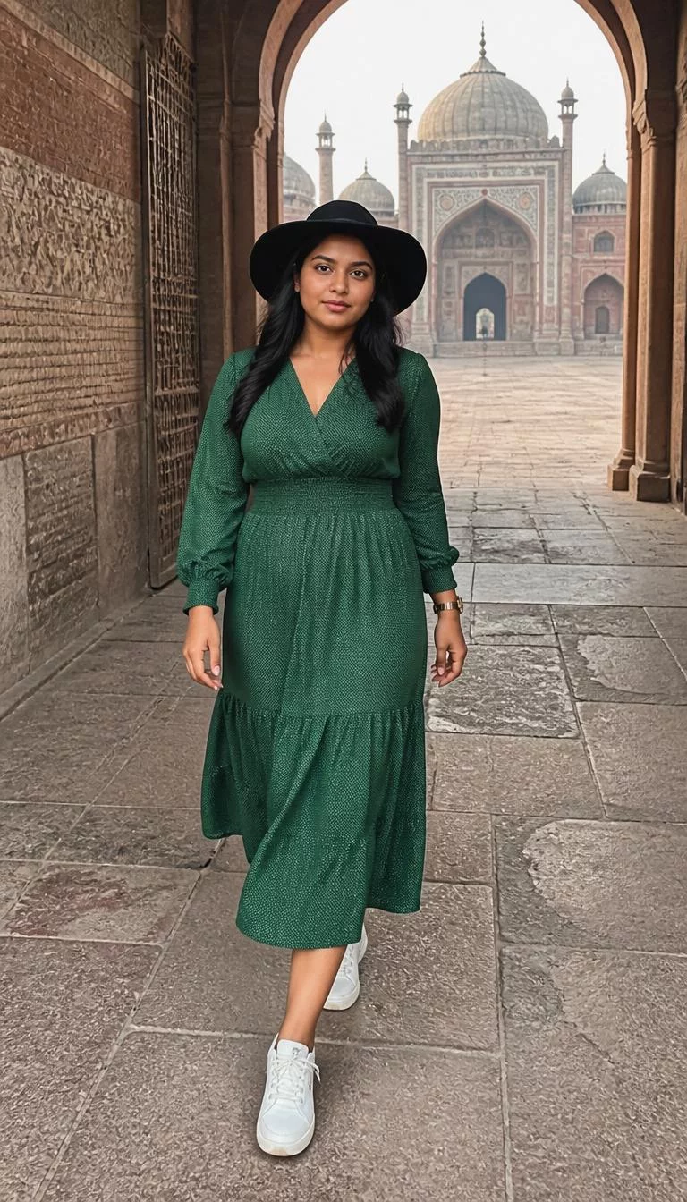 A photorealistic full body shot of a 26-year-old South Asian woman with a square face, golden brown, straight nose, straight eyebrows, and thin lips. Her face features slightly crooked smile, subtle acne marks, and subtle natural facial asymmetry. She has deep-set dark brown eyes, pronounced cheekbones, subtle smile, confident. She is curvy build with dark hair and is wearing a black wide-brimmed hat and a green midi dress, walking through an arched stone corridor toward a historic mosque courtyard, no people in the background, high-quality mobile photography, shot on an iPhone 14.