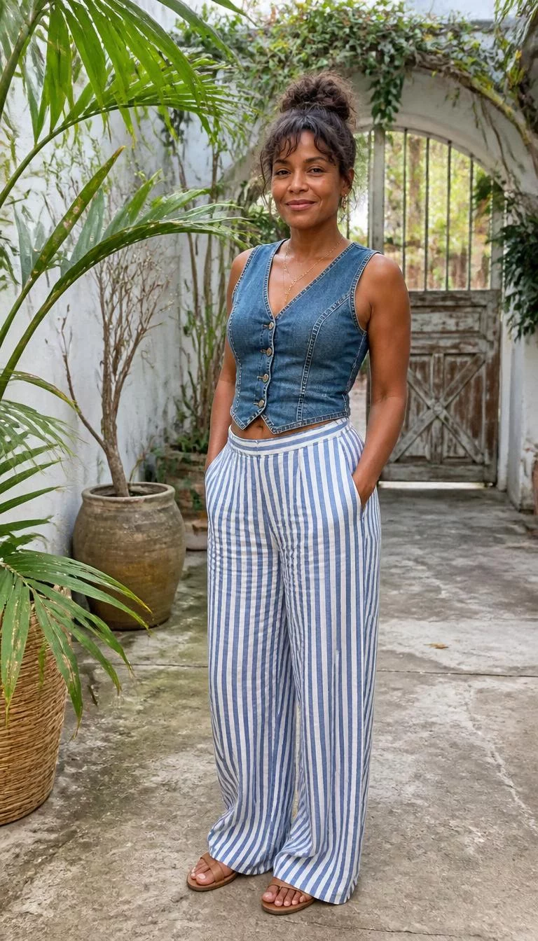 Denim Buttoned Vest and Striped Wide Leg Pants A photorealistic full body shot of a 42-year-old Afro-Caribbean woman with a oval face, tan, broad nose, feathered eyebrows, and wide lips. Her face features slightly crooked smile, a few laugh lines, and subtle natural facial asymmetry. She has hooded brown eyes, pronounced cheekbones, closed-mouth smile, cheerful. She is athletic build with brown messy bun with textured fringe hair and is wearing a denim buttoned vest, blue and white wide-leg striped trousers, and brown sandals, rustic plant-filled outdoor courtyard, no people in the background, high-quality mobile photography, shot on an iPhone 14.