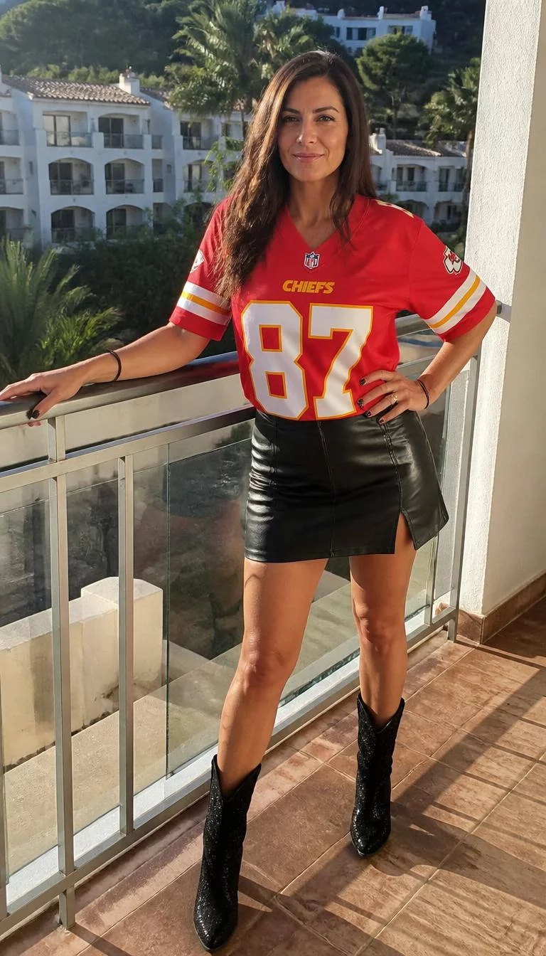 Red Jersey and Black Leather Mini Skirt A photorealistic full body shot of a 43-year-old Mediterranean woman with a square face, dark brown, aquiline nose, thick natural eyebrows, and heart-shaped lips. Her face features slightly crooked smile, visible pores, and subtle natural facial asymmetry. She has downturned green eyes, high cheekbones, subtle smile, confident. She is average build with long brown hair and is wearing a red Kansas City Chiefs jersey tucked into a black leather mini-skirt and black sparkly boots, sunny hotel balcony, no people in the background, high-quality mobile photography, shot on an iPhone 14.