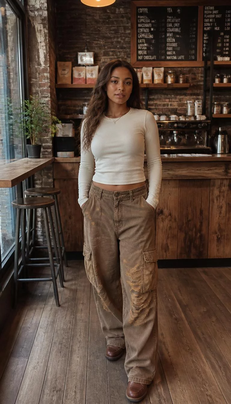 Cream Long Sleeve Top and Brown Cargo Trousers A photorealistic full body shot of a 31-year-old Afro-Caribbean woman with a heart-shaped face, tan, aquiline nose, straight eyebrows, and thin lips. Her face features beauty mark near the lip, slightly flushed cheeks, and subtle natural facial asymmetry. She has monolid dark brown eyes, high cheekbones, subtle smile, relaxed. She is curvy build with long chestnut brown wavy hair and is wearing a long-sleeved cream top, distressed baggy brown cargo trousers, and brown sneakers, cozy rustic coffee shop atmosphere, no people in the background, high-quality mobile photography, shot on an iPhone 14.