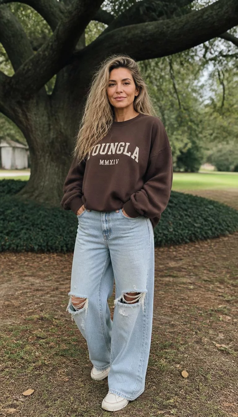 Brown Oversized Sweatshirt and Distressed Jeans A photorealistic full body shot of a 39-year-old Mediterranean woman with a oblong face, deep brown, button nose, softly curved eyebrows, and heart-shaped lips. Her face features uneven eyebrows, light freckles, and subtle natural facial asymmetry. She has round hazel eyes, pronounced cheekbones, subtle smile, confident. She is athletic build with long voluminous textured blonde hair and is wearing a brown oversized sweatshirt with cream lettering and light-wash distressed wide-leg jeans, park-like outdoor setting, no people in the background, high-quality mobile photography, shot on an iPhone 14.