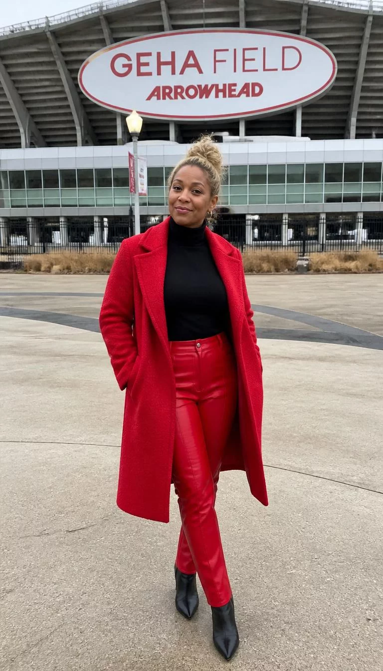 Red Wool Overcoat and Leather Trousers A photorealistic full body shot of a 39-year-old Black African woman with a diamond face, golden brown, upturned nose, thin arched eyebrows, and wide lips. Her face features slightly crooked smile, subtle acne marks, and subtle natural facial asymmetry. She has upturned brown eyes, rounded cheeks, neutral expression, playful. She is petite with blonde hair in a messy bun and is wearing a red wool overcoat, black turtleneck, and red leather trousers, standing in front of GEHA Field at Arrowhead Stadium, no people in the background, high-quality mobile photography, shot on an iPhone 14.