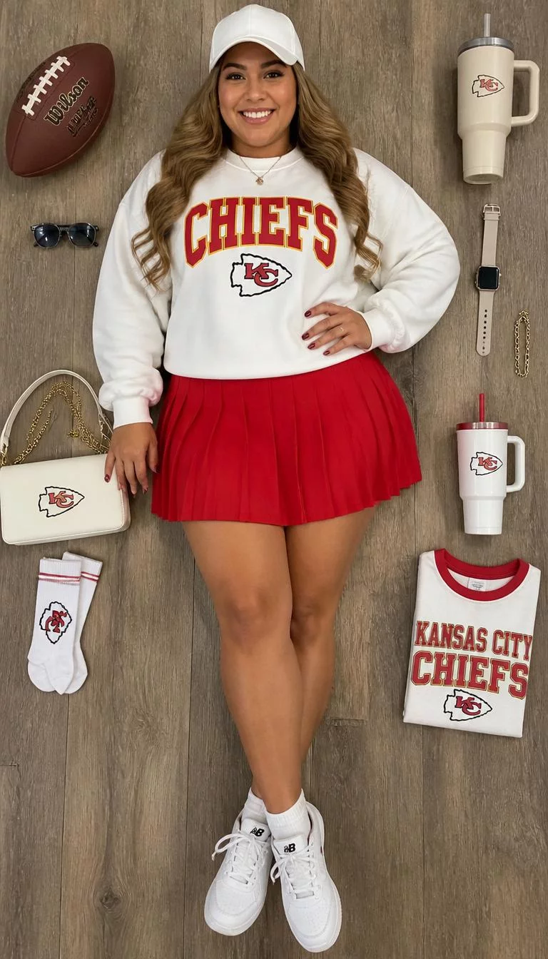 White Sweatshirt and Red Pleated Skirt A photorealistic full body shot of a 35-year-old Latina woman with a diamond face, light, rounded nose, feathered eyebrows, and heart-shaped lips. Her face features uneven eyebrows, faint under-eye shadows, and subtle natural facial asymmetry. She has upturned amber eyes, rounded cheeks, broad smile, cheerful. She is curvy build with light brown hair and is wearing a white Chiefs sweatshirt, a red pleated skirt, white New Balance sneakers, and a white baseball cap, digital flatlay background, no people in the background, high-quality mobile photography, shot on an iPhone 14.
