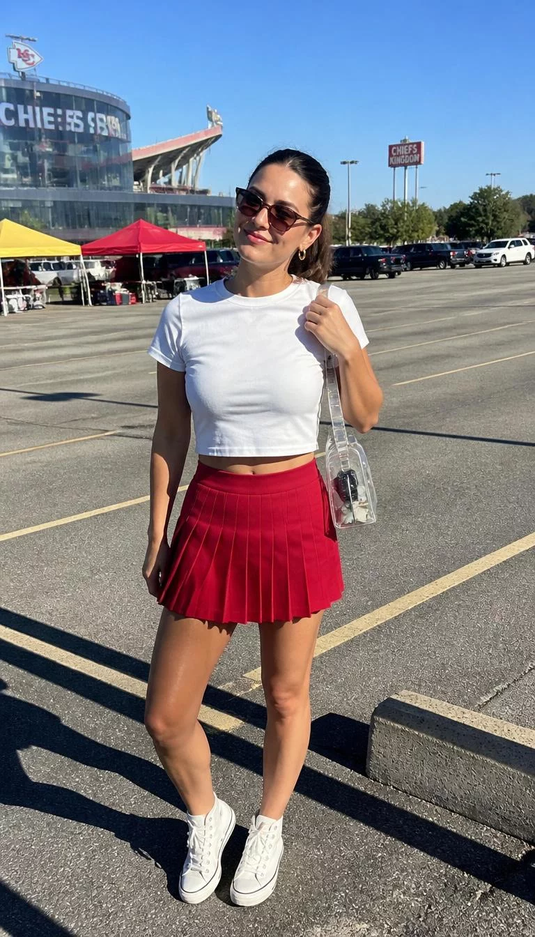 Crop Top Tee and Red Skirt for Tailgating A photorealistic full body shot of a 32-year-old Northern European woman with a round face, dark brown, narrow nose, feathered eyebrows, and heart-shaped lips. Her face features faint freckles across the nose, visible pores, and subtle natural facial asymmetry. She has upturned brown eyes, soft cheekbones, closed-mouth smile, playful. She is petite with brunette ponytail hair and is wearing a white crop-top t-shirt, red pleated skirt, and sunglasses, carrying a clear bag, sunny game-day tailgate parking lot, no people in the background, high-quality mobile photography, shot on an iPhone 14.