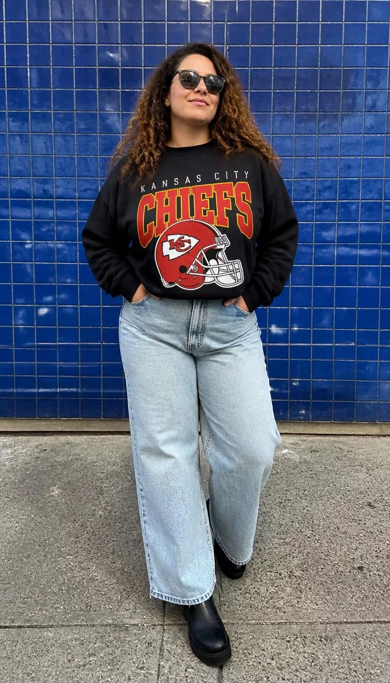 Black Sweatshirt and Wide Leg Jeans A photorealistic full body shot of a 33-year-old Mediterranean woman with a square face, olive, broad nose, straight eyebrows, and thin lips. Her face features beauty mark near the lip, subtle acne marks, and subtle natural facial asymmetry. She has round hazel eyes, high cheekbones, closed-mouth smile, confident. She is curvy build with curly brown hair and is wearing a black Kansas City Chiefs sweatshirt, light-wash wide-leg jeans, black boots, and sunglasses, blue-tiled urban wall background, no people in the background, high-quality mobile photography, shot on an iPhone 14.