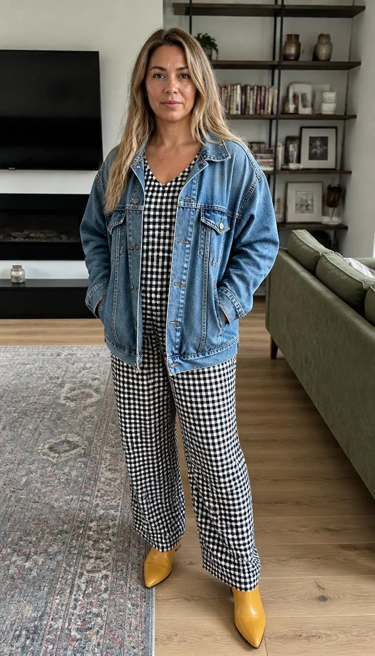 Denim Jacket and Gingham Set with Yellow Boots A photorealistic full body shot of a 47-year-old Middle Eastern woman with a oval face, dark brown, broad nose, softly curved eyebrows, and thin lips. Her face features faint freckles across the nose, a few laugh lines, and subtle natural facial asymmetry. She has upturned hazel eyes, rounded cheeks, neutral expression, relaxed. She is slim with long blonde hair and is wearing an oversized blue denim jacket over a black and white gingham-patterned set and yellow leather boots, home living room interior, no people in the background, high-quality mobile photography, shot on an iPhone 14.