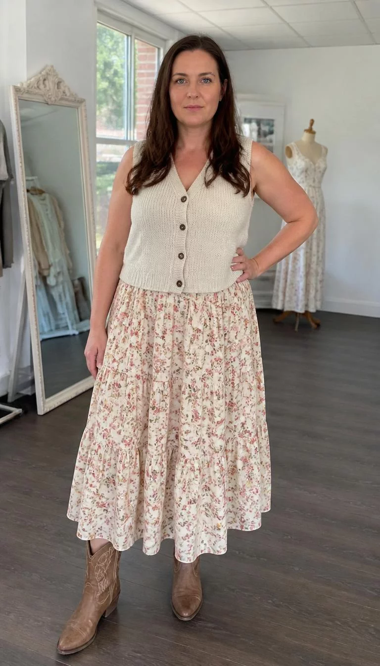 Ivory Knit Vest and Floral Tiered Midi Skirt A photorealistic full body shot of a 47-year-old Northern European woman with a oblong face, deep brown, straight nose, straight eyebrows, and thin lips. Her face features small scar on the eyebrow, slightly flushed cheeks, and subtle natural facial asymmetry. She has upturned blue eyes, rounded cheeks, neutral expression, confident. She is curvy build with long loose brunette hair and is wearing a button-up ivory knit vest, a floral tiered midi skirt, and brown cowboy boots, bright room with a mannequin background, no people in the background, high-quality mobile photography, shot on an iPhone 14.