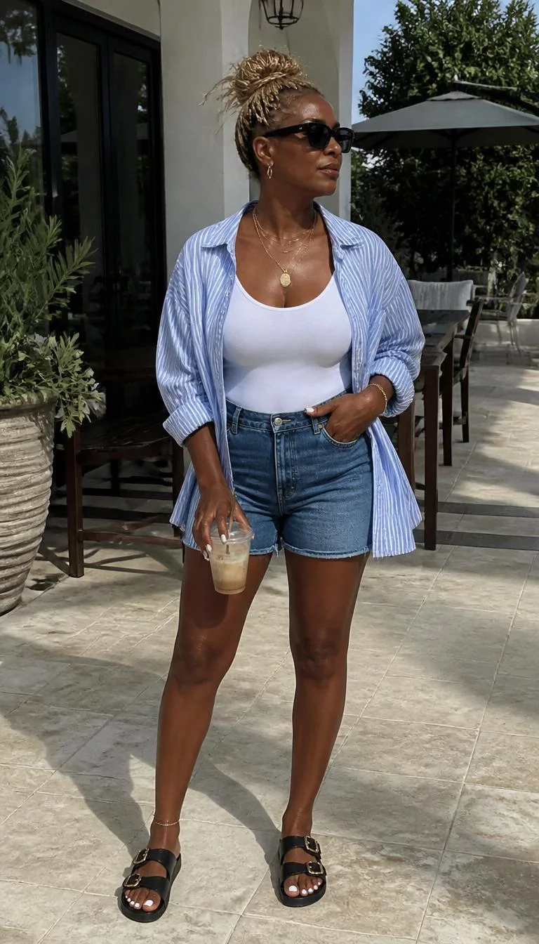 White Bodysuit and Blue Striped Oversized Shirt A photorealistic full body shot of a 47-year-old Black African woman with a oval face, dark brown, rounded nose, thick natural eyebrows, and thin lips. Her face features slightly crooked smile, visible pores, and subtle natural facial asymmetry. She has upturned blue eyes, high cheekbones, neutral expression, confident. She is athletic build with blonde messy bun hair and is wearing a white bodysuit, blue-striped oversized shirt, blue denim shorts, black sunglasses, she wears layered gold jewelry and holds an iced drink, sunny outdoor patio, no people in the background, high-quality mobile photography, shot on an iPhone 14.