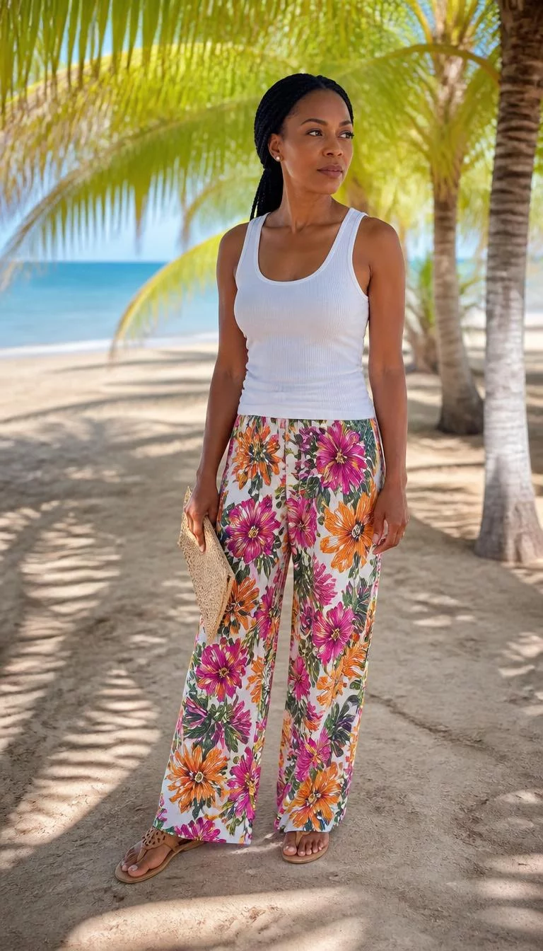 White Tank and Floral Palazzo Pants A photorealistic full body shot of a 42-year-old Black African woman with a heart-shaped face, fair, rounded nose, straight eyebrows, and heart-shaped lips. Her face features uneven eyebrows, visible pores, and subtle natural facial asymmetry. She has deep-set amber eyes, high cheekbones, neutral expression, thoughtful. She is slim with black braided hair and is wearing a white tank top, colorful floral palazzo pants, tan sandals, she carries a small woven clutch, beach with palm trees, no people in the background, high-quality mobile photography, shot on an iPhone 14.