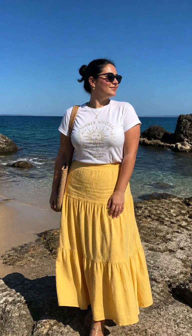 Solstice Graphic T-Shirt and Yellow Tiered Skirt A photorealistic full body shot of a 30-year-old Southern European woman with a pear-shaped face, deep brown, narrow nose, softly curved eyebrows, and wide lips. Her face features small scar on the eyebrow, slightly flushed cheeks, and subtle natural facial asymmetry. She has deep-set hazel eyes, soft cheekbones, closed-mouth smile, thoughtful. She is curvy build with dark brown hair in a sleek bun and is wearing a white printed solstice graphic t-shirt, long yellow tiered skirt, she carries a straw shoulder bag and wears sunglasses, sunny beach, no people in the background, high-quality mobile photography, shot on an iPhone 14.
