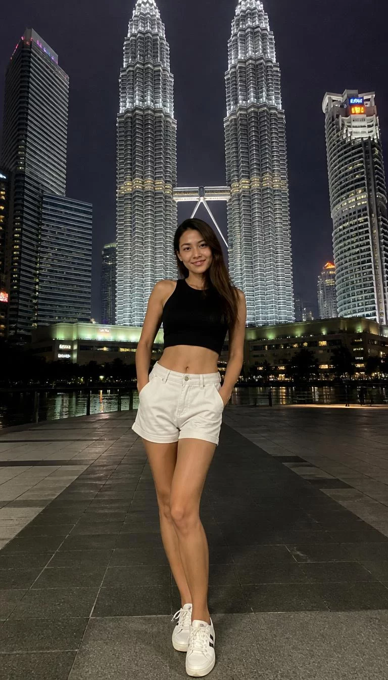 Black Crop Top And White Shorts Under City Lights A photorealistic full body shot of a 34-year-old Southeast Asian woman with a diamond face, golden brown, rounded nose, thin arched eyebrows, and thin lips. Her face features slightly crooked smile, light freckles, and subtle natural facial asymmetry. She has round blue eyes, soft cheekbones, subtle smile, confident. She is slim with long dark hair hair and is wearing a black crop top and white shorts, standing with the illuminated Petronas Towers as a backdrop at night, no people in the background, high-quality mobile photography, shot on an iPhone 14.