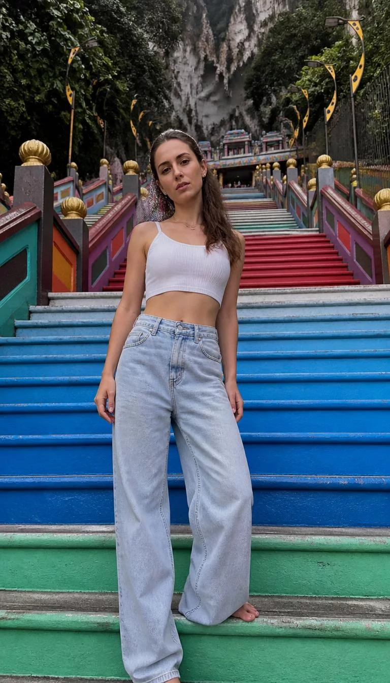 White Crop Top And High Waisted Wide Leg Jeans A photorealistic full body shot of a 32-year-old Eastern European woman with a heart-shaped face, tan, narrow nose, thick natural eyebrows, and heart-shaped lips. Her face features small scar on the eyebrow, light freckles, and subtle natural facial asymmetry. She has downturned blue eyes, pronounced cheekbones, neutral expression, playful. She is slim with long brown hair styled with a scarf hair and is wearing a white crop top and high-waisted wide-leg jeans, standing on the colorful steps of Batu Caves, no people in the background, high-quality mobile photography, shot on an iPhone 14.