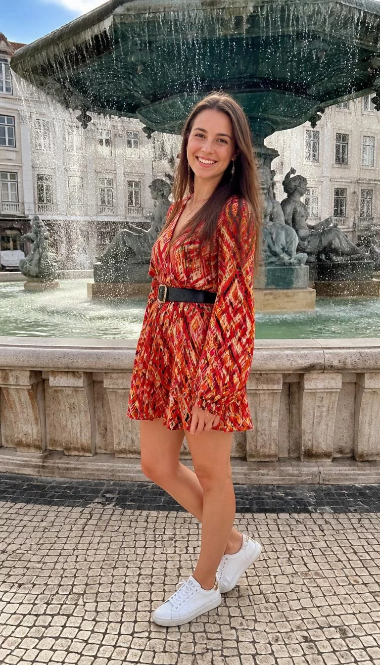Red And Orange Printed Dress With Black Belt A photorealistic full body shot of a 26-year-old Southern European woman with a pear-shaped face, fair, straight nose, straight eyebrows, and thin lips. Her face features faint freckles across the nose, faint under-eye shadows, and subtle natural facial asymmetry. She has upturned blue eyes, high cheekbones, broad smile, cheerful. She is average build with long light brown hair hair and is wearing a vibrant red and orange printed dress with a black belt and white sneakers, posing near a city fountain, no people in the background, high-quality mobile photography, shot on an iPhone 14.