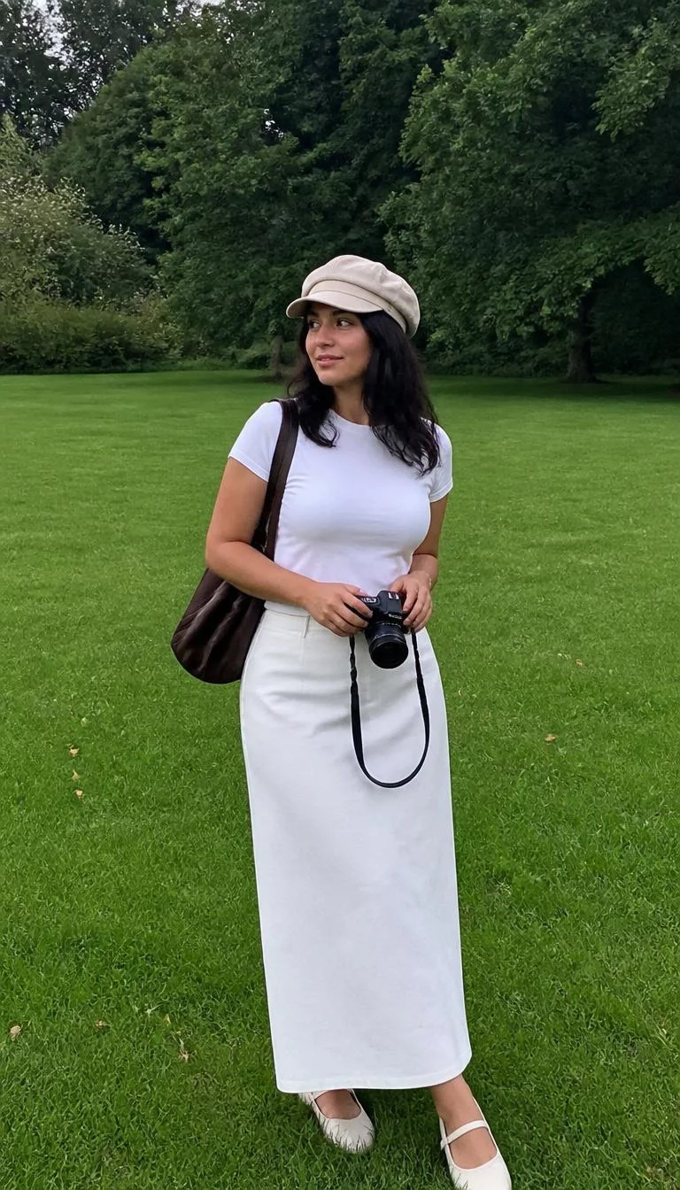 White T-Shirt And Long White Skirt With Newsboy Cap A photorealistic full body shot of a 34-year-old Middle Eastern woman with a oval face, deep brown, upturned nose, straight eyebrows, and full lips. Her face features slightly crooked smile, light freckles, and subtle natural facial asymmetry. She has deep-set blue eyes, pronounced cheekbones, neutral expression, playful. She is curvy build with dark hair hair and is wearing a white T-shirt and long white skirt, a beige newsboy cap, carrying a dark bag and camera in a lush, green grassy outdoor area, no people in the background, high-quality mobile photography, shot on an iPhone 14.
