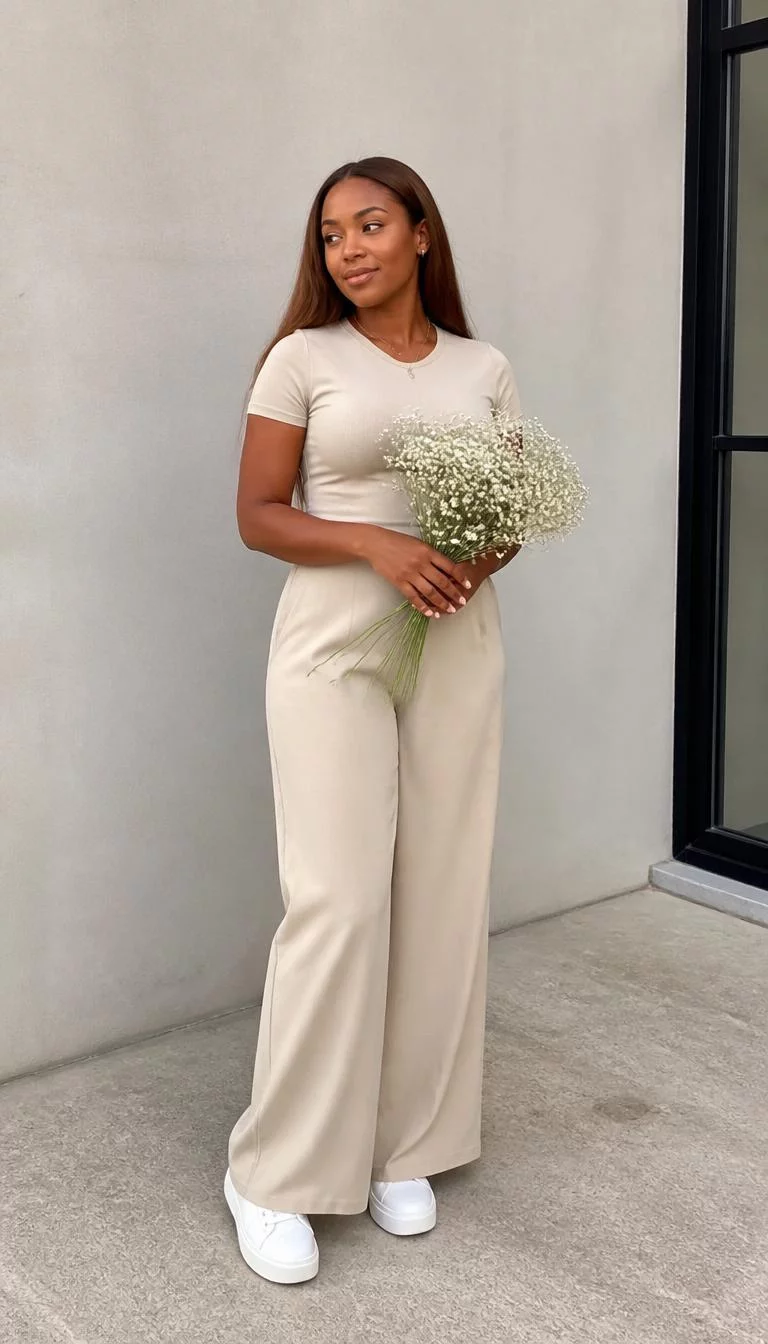 Beige Short Sleeved Top And Wide Leg Trousers A photorealistic full body shot of a 25-year-old Black African woman with a heart-shaped face, tan, aquiline nose, thick natural eyebrows, and thin lips. Her face features small scar on the eyebrow, faint under-eye shadows, and subtle natural facial asymmetry. She has upturned dark brown eyes, rounded cheeks, subtle smile, thoughtful. She is curvy build with straight brown hair hair and is wearing a beige short-sleeved top and matching wide-leg trousers, Minimalist white leather platform sneakers, holding a bouquet of baby's breath flowers, no people in the background, high-quality mobile photography, shot on an iPhone 14.