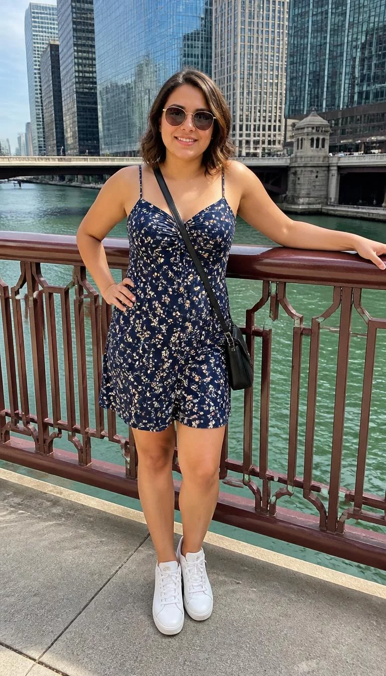 Navy Blue Floral Dress And Black Crossbody Bag A photorealistic full body shot of a 36-year-old Latina woman with a pear-shaped face, light, narrow nose, thick natural eyebrows, and full lips. Her face features gap between front teeth, subtle acne marks, and subtle natural facial asymmetry. She has hooded amber eyes, soft cheekbones, subtle smile, cheerful. She is athletic build with shoulder-length brown hair and is wearing a navy blue floral dress and a black crossbody bag, standing on a bridge near urban buildings and a river, wearing sunglasses, no people in the background, high-quality mobile photography, shot on an iPhone 14.