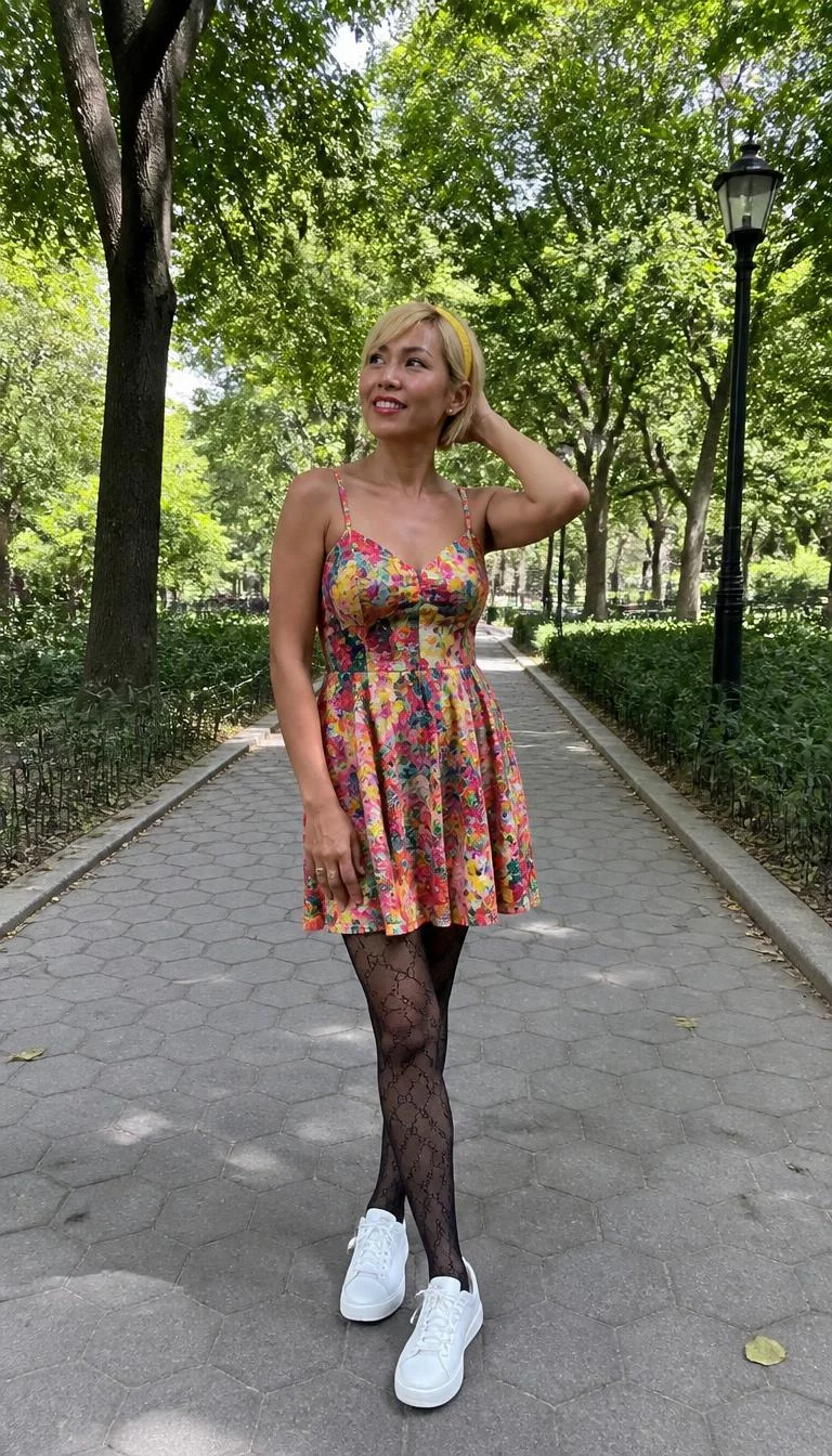 Floral Print Dress With Patterned Tights And Yellow Headband A photorealistic full body shot of a 39-year-old East Asian woman with a heart-shaped face, tan, button nose, thin arched eyebrows, and full lips. Her face features gap between front teeth, visible pores, and subtle natural facial asymmetry. She has upturned green eyes, high cheekbones, broad smile, thoughtful. She is athletic build with short blonde hair and is wearing a vibrant floral print dress, black patterned tights, and white sneakers in a lush, tree-lined urban park, wearing a yellow headband, no people in the background, high-quality mobile photography, shot on an iPhone 14.