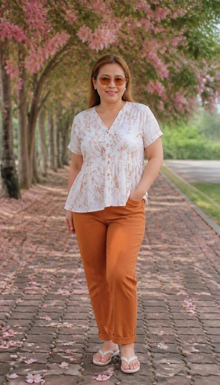 White Patterned Blouse And Orange Tinted Sunglasses A photorealistic full body shot of a 45-year-old Southeast Asian woman with a square face, olive, aquiline nose, feathered eyebrows, and full lips. Her face features faint freckles across the nose, a few laugh lines, and subtle natural facial asymmetry. She has deep-set blue eyes, rounded cheeks, subtle smile, cheerful. She is curvy build with light brown hair hair tucked behind her ears and is wearing a white patterned blouse and orange-tinted sunglasses, standing under blooming trees, no people in the background, high-quality mobile photography, shot on an iPhone 14.