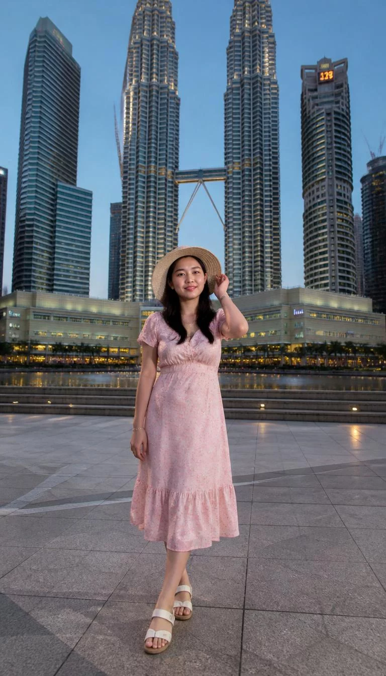 Pink Patterned Dress And Straw Hat A photorealistic full body shot of a 35-year-old East Asian woman with a oblong face, olive, narrow nose, thin arched eyebrows, and full lips. Her face features faint freckles across the nose, light freckles, and subtle natural facial asymmetry. She has deep-set dark brown eyes, soft cheekbones, subtle smile, playful. She is average build with dark hair and a straw hat hair and is wearing a light pink dress with a subtle pattern, in front of the Petronas Towers at dusk, no people in the background, high-quality mobile photography, shot on an iPhone 14.
