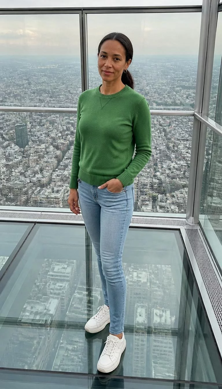 Green Sweater And Light Blue Jeans On An Observation Deck A photorealistic full body shot of a 46-year-old Afro-Caribbean woman with a heart-shaped face, olive, upturned nose, straight eyebrows, and thin lips. Her face features faint freckles across the nose, subtle acne marks, and subtle natural facial asymmetry. She has almond-shaped amber eyes, soft cheekbones, neutral expression, cheerful. She is slim with dark hair in a low ponytail hair and is wearing a green sweater, light blue jeans, and white sneakers, standing on a glass observation deck overlooking a cityscape, no people in the background, high-quality mobile photography, shot on an iPhone 14.