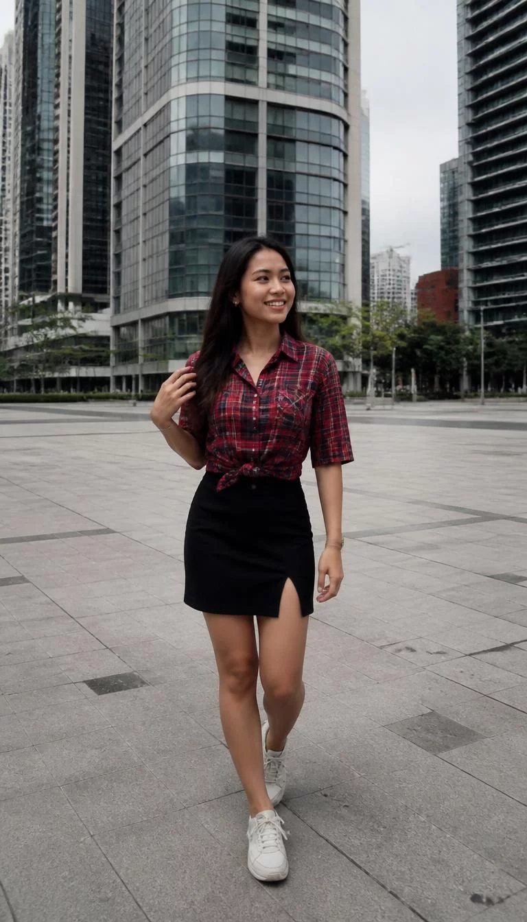 Red Plaid Shirt And Black Skirt In A Modern Plaza A photorealistic full body shot of a 27-year-old Southeast Asian woman with a oval face, olive, broad nose, thin arched eyebrows, and thin lips. Her face features dimples, visible pores, and subtle natural facial asymmetry. She has monolid gray eyes, soft cheekbones, broad smile, cheerful. She is slim with long dark hair hair and is wearing a red plaid shirt tied at the waist and a black skirt, walking through a modern urban plaza surrounded by tall skyscrapers, no people in the background, high-quality mobile photography, shot on an iPhone 14.