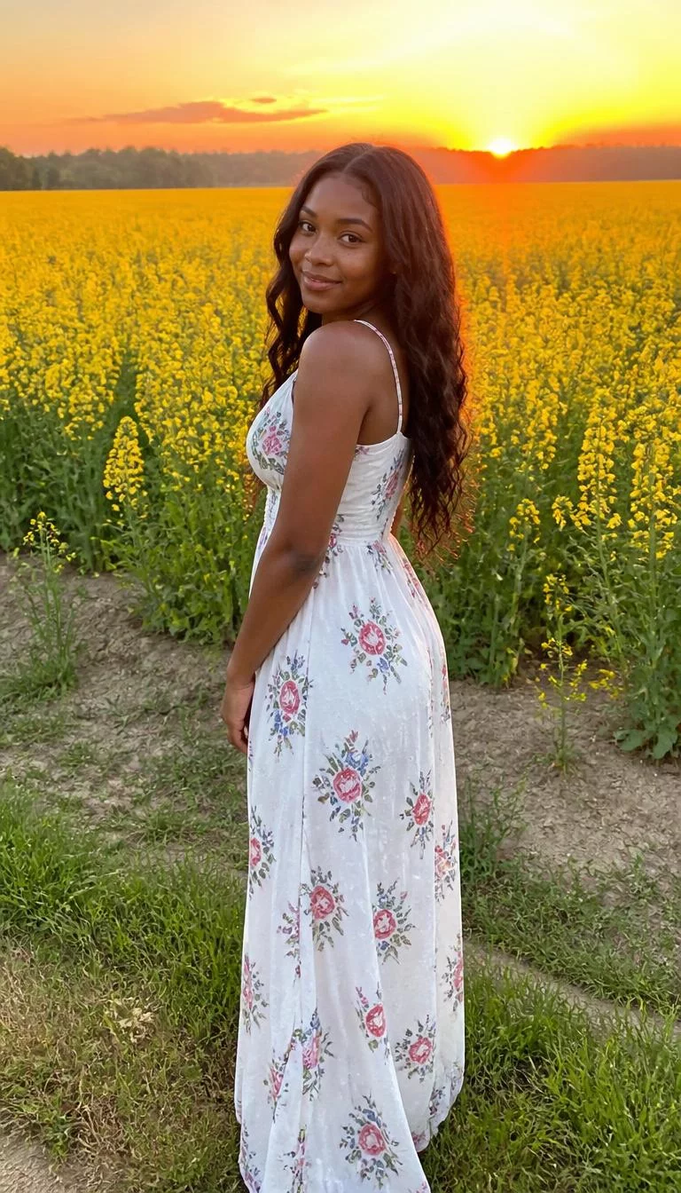 White Floral Maxi Dress In A Sunset Field A photorealistic full body shot of a 27-year-old Black African woman with a round face, light, rounded nose, straight eyebrows, and heart-shaped lips. Her face features gap between front teeth, light freckles, and subtle natural facial asymmetry. She has hooded blue eyes, pronounced cheekbones, subtle smile, playful. She is average build with long dark wavy hair hair and is wearing a white floral maxi dress, standing in a yellow field at sunset, no people in the background, high-quality mobile photography, shot on an iPhone 14.