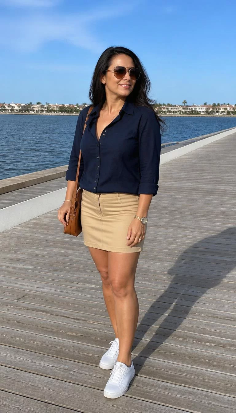 Navy Blue Collared Shirt And Beige Skirt A photorealistic full body shot of a 49-year-old Latina woman with a oblong face, deep brown, upturned nose, feathered eyebrows, and heart-shaped lips. Her face features faint freckles across the nose, slightly flushed cheeks, and subtle natural facial asymmetry. She has almond-shaped amber eyes, pronounced cheekbones, broad smile, thoughtful. She is curvy build with dark hair hair and is wearing a navy blue collared shirt, a beige skirt, white sneakers, and sunglasses, carrying a brown handbag, standing on a waterfront boardwalk, no people in the background, high-quality mobile photography, shot on an iPhone 14.