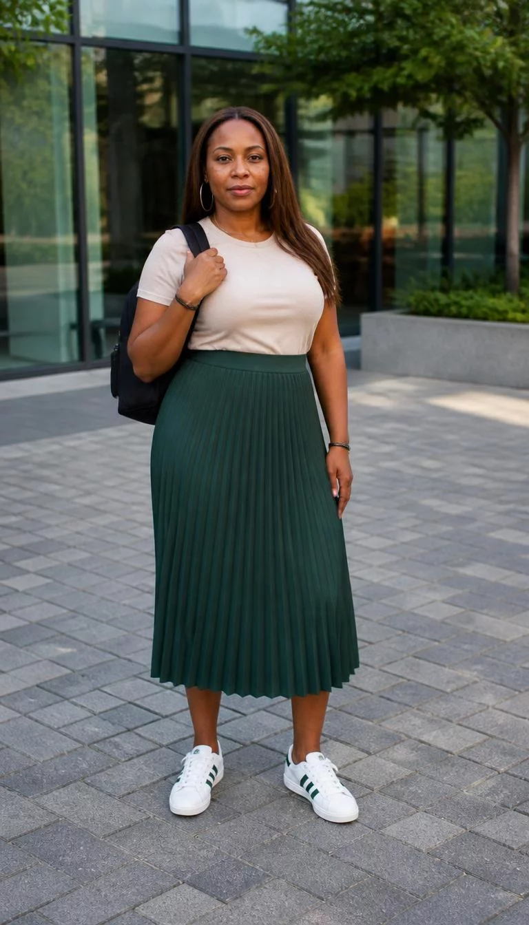 Beige T-Shirt And Dark Green Pleated Midi Skirt A photorealistic full body shot of a 45-year-old Black African woman with a square face, tan, straight nose, thick natural eyebrows, and full lips. Her face features faint freckles across the nose, visible pores, and subtle natural facial asymmetry. She has downturned brown eyes, high cheekbones, subtle smile, confident. She is curvy build with long brown hair hair and is wearing a simple beige T-shirt and a dark green pleated midi skirt, with a black backpack, in front of a modern glass building, no people in the background, high-quality mobile photography, shot on an iPhone 14.